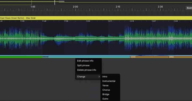 Editing a detected phrase in DJ.Studio 5.0