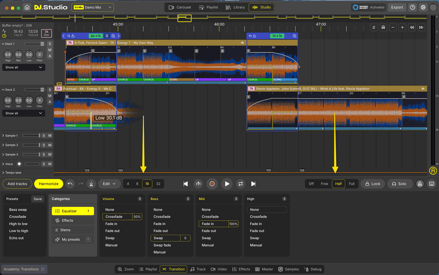 Transition length and beat sync settings