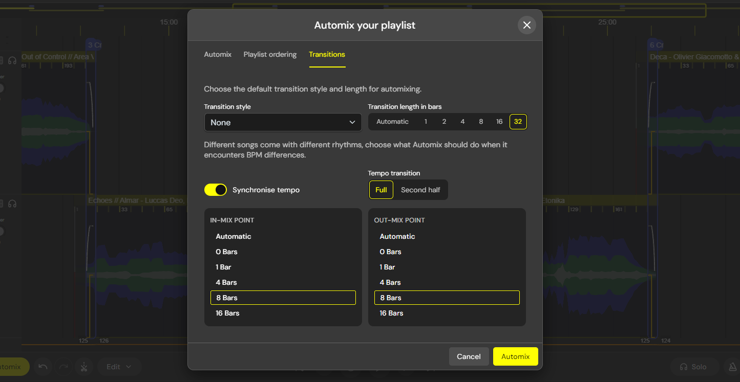 Add Tracks transition settings