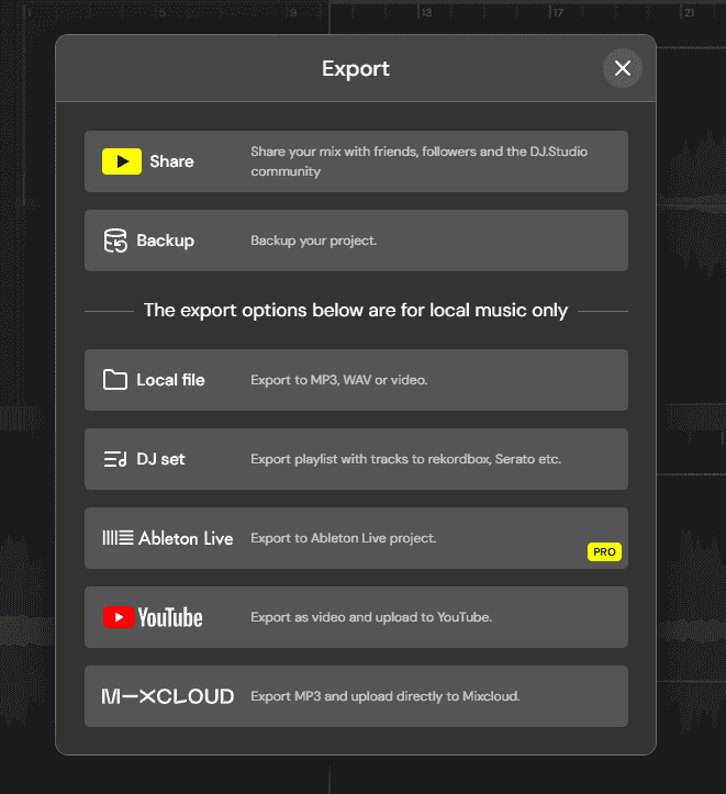 dj studio export options