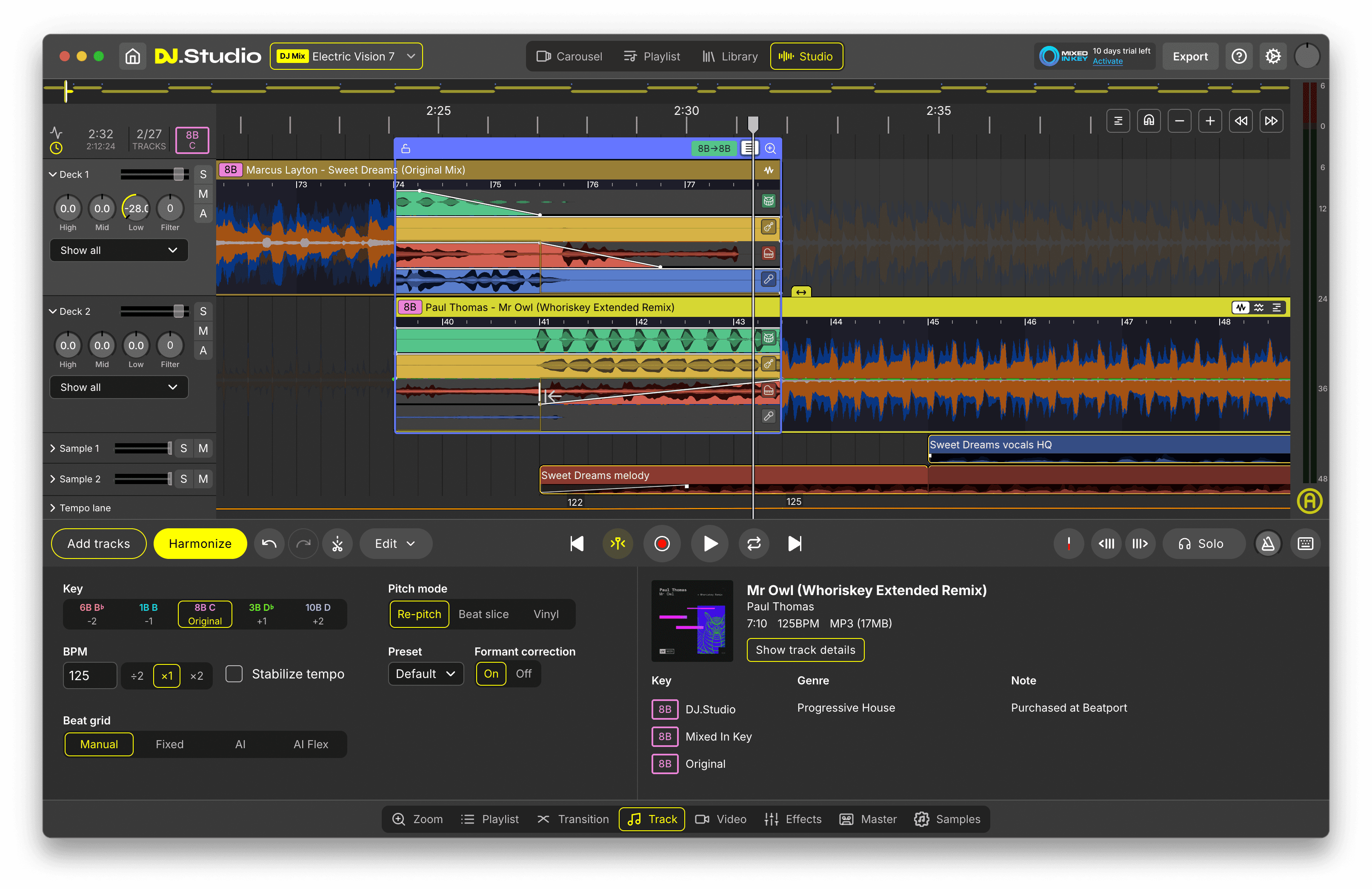 DJ.Studio Studio View showing a radio show timeline with two tracks, transition envelopes between them, and the track details panel with key, BPM and metadata.