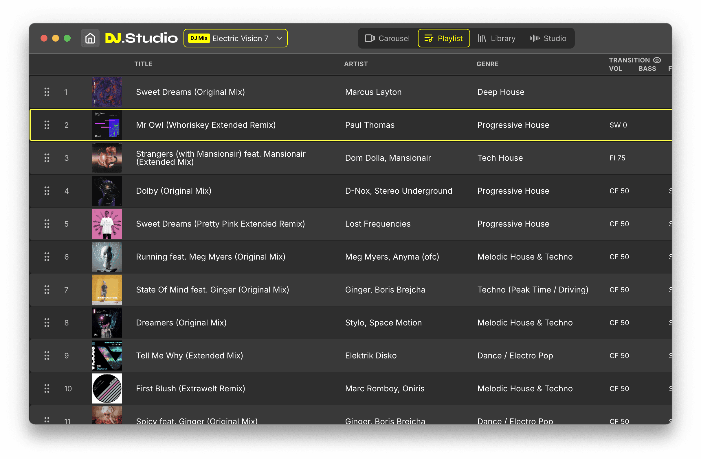 DJ.Studio library and playlist view showing imported tracks with BPM and key metadata.