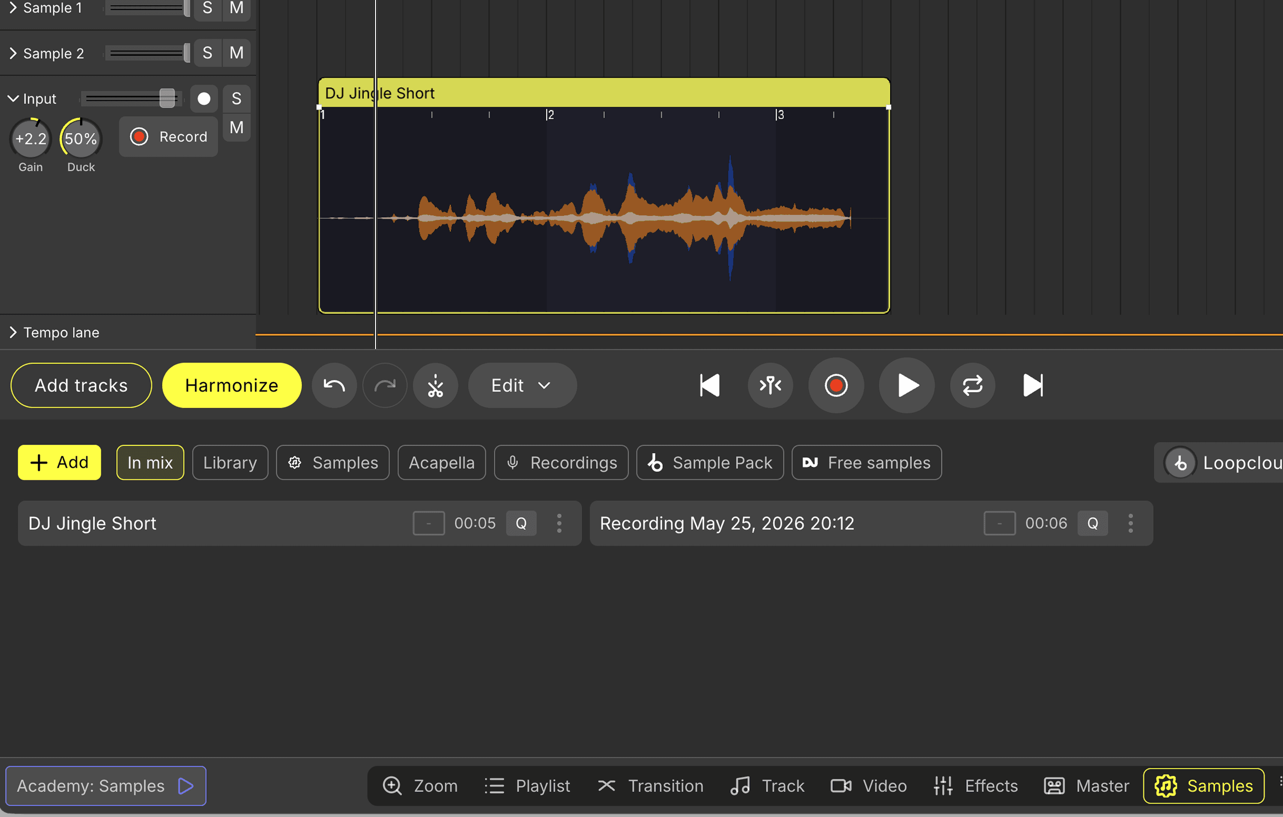 DJ.Studio Mashup Mode showing a vocal stem, an instrumental layer and the main mix timeline layered together.