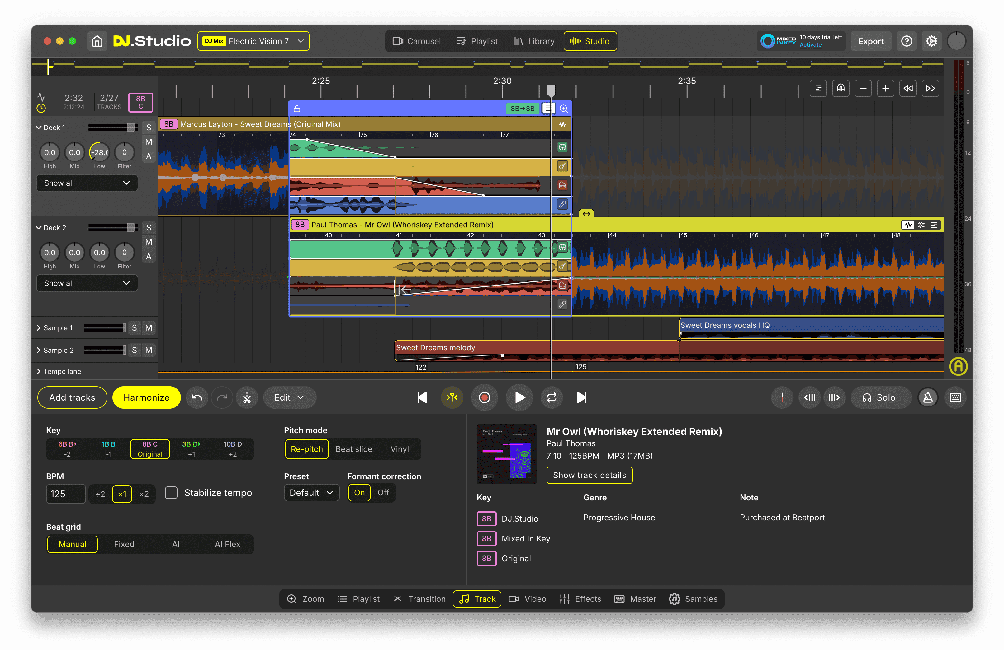 DJ.Studio Studio View showing a radio show timeline with two tracks, transition envelopes between them, and the track details panel with key, BPM and metadata.